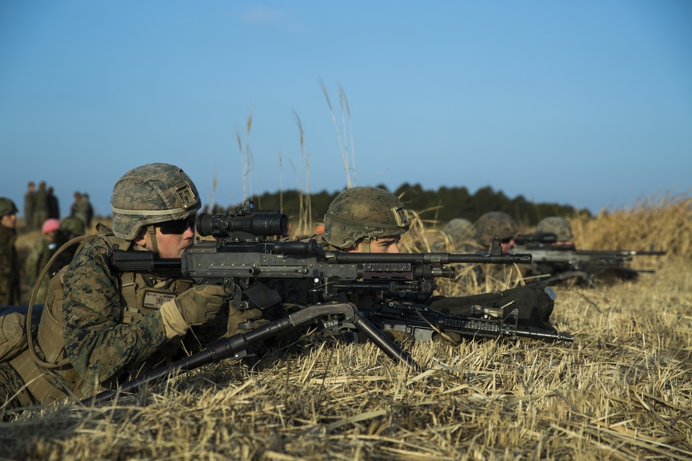 U.S. Marines, Japan Ground Self-Defense Force participate in a live fire range during Exercise Forest Light Western Army