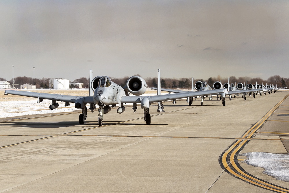 A-10 Thunderbolt II aircraft perform an Elephant Walk on Selfridge runway