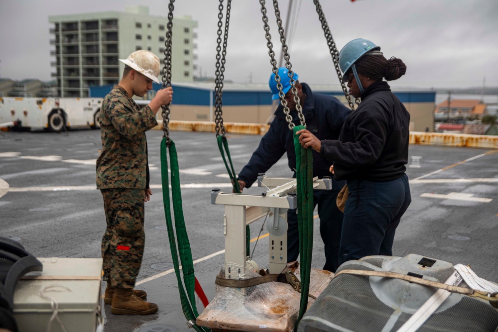 Sailors and Marines unload cargo