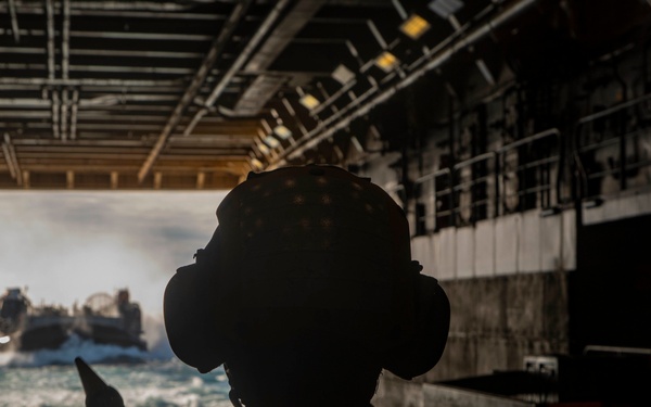 Sailor directs a LCAC in the New York well deck