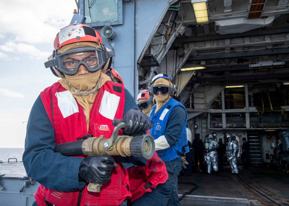 USS Normandy Conducts Aircraft Firefighting Drill