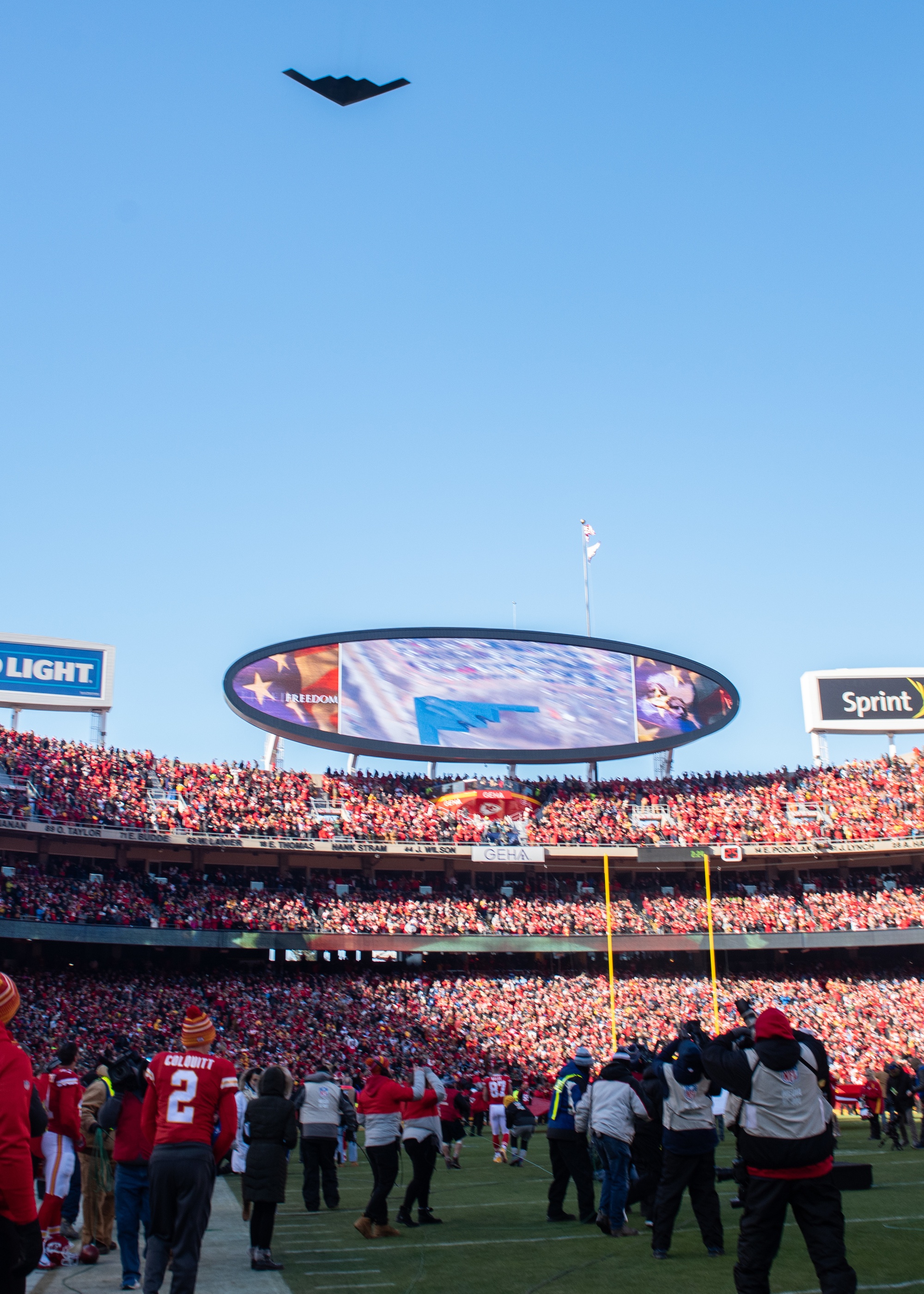 B-2 Spirit performs a flyover before AFC Divisional Playoff game 