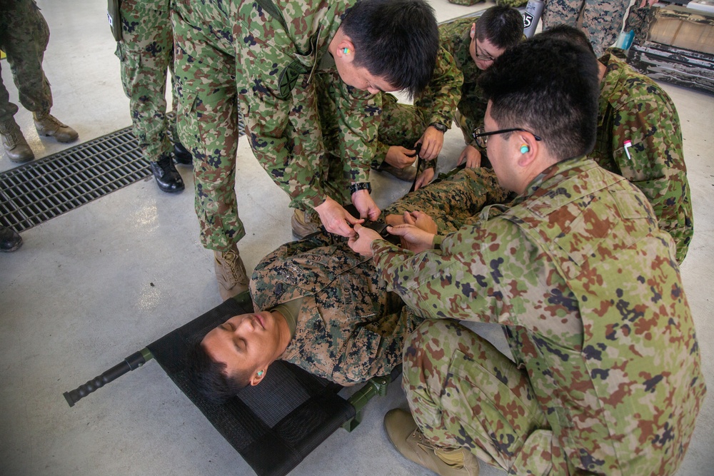 Iron Fist 2020: US Sailors with 1st Medical Battalion demonstrate casualty evacuation procedures to Japan Ground Self-Defense Force soldiers.