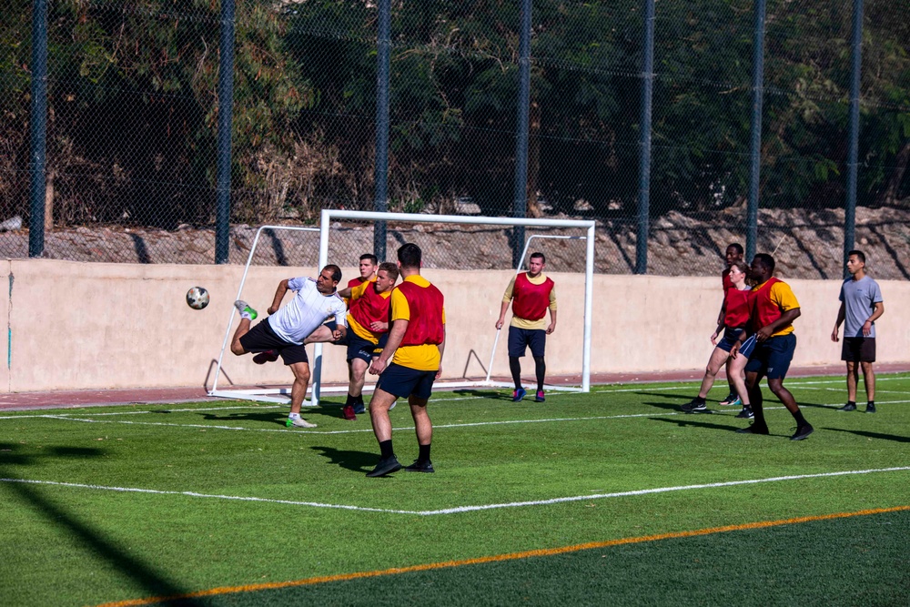 Sailors Play soccer with Jordanian military