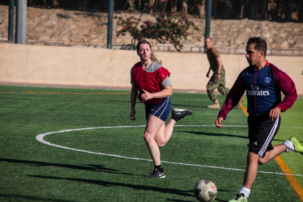 Sailors Play soccer with Jordanian military