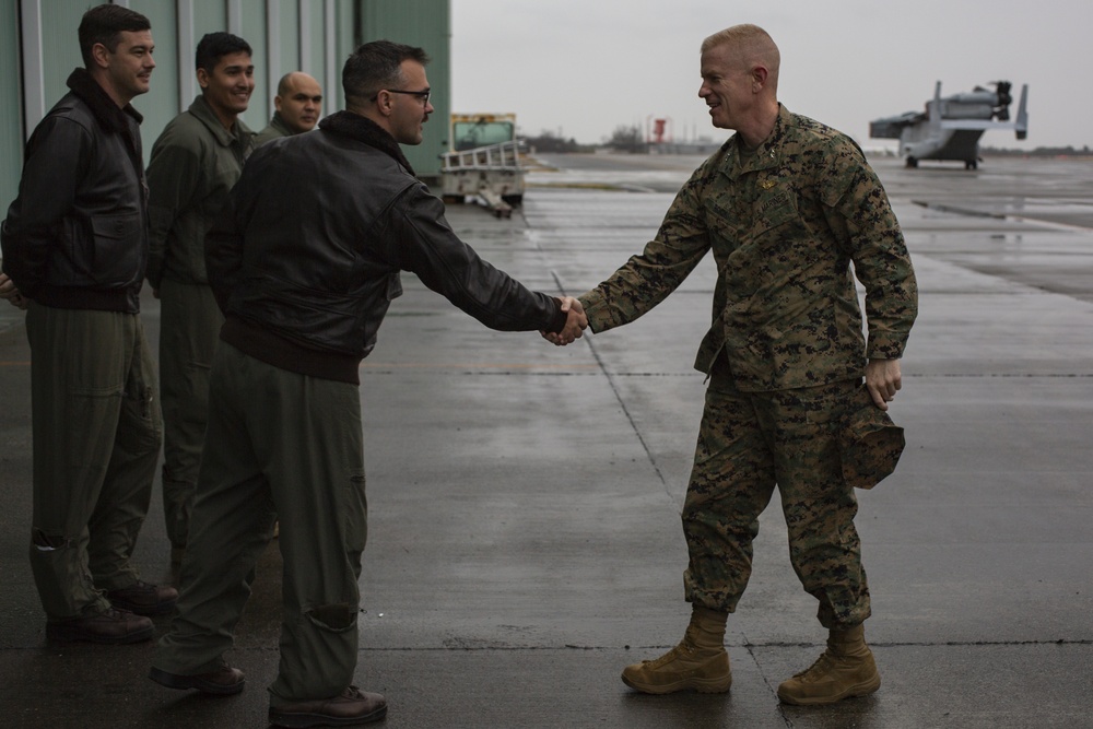 Maj. Gen. Paul J. Rock Jr. visits U.S. Marines with VMM-265 during Exercise Forest Light Western Army