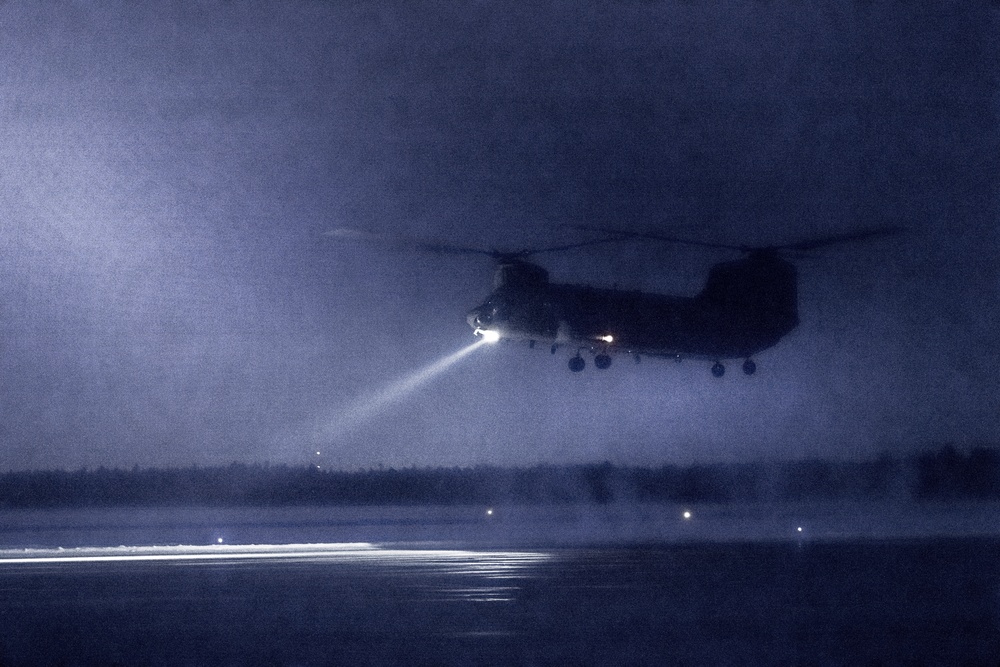 Michigan National Guard Chinooks land at Alpena Combat Readiness Training Center in support of &quot;Winter Strike&quot;