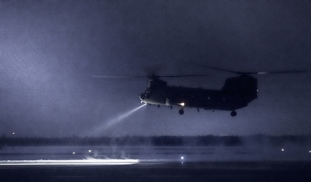 Michigan National Guard &quot;Chinooks&quot; land at Alpena CRTC in support of &quot;Winter Strike&quot; exercise