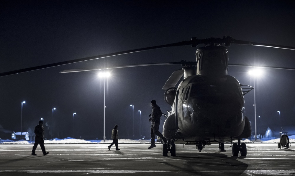 Michigan National Guard Chinooks land at Alpena CRTC in support of &quot;Winter Strike&quot; exercise