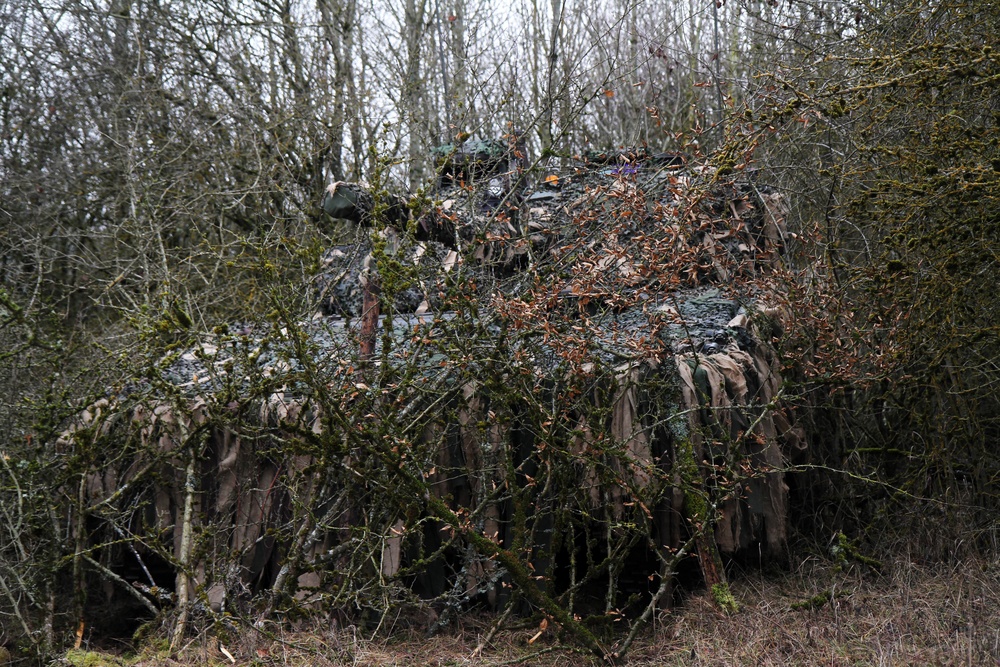 Concealed tank camouflaged for Combined Resolve XIII exercise