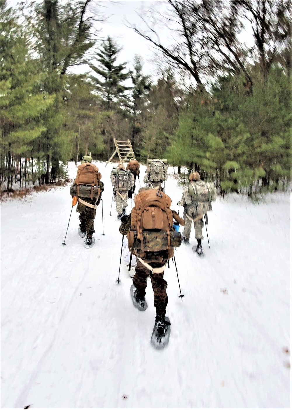 Fort McCoy Cold-Weather Operations Course students practice snowshoeing, ahkio sled use