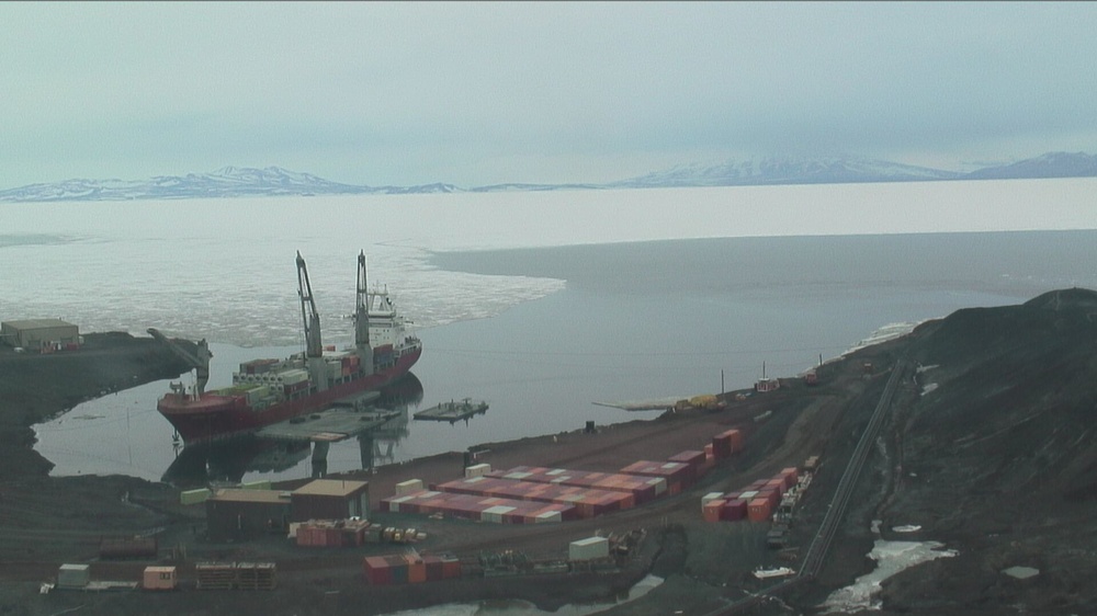 MSC Chartered Ship MV Ocean Giant Conducts Cargo Operations  At McMurdo Station Antarctic in Support of Operation Deep Freeze 2020