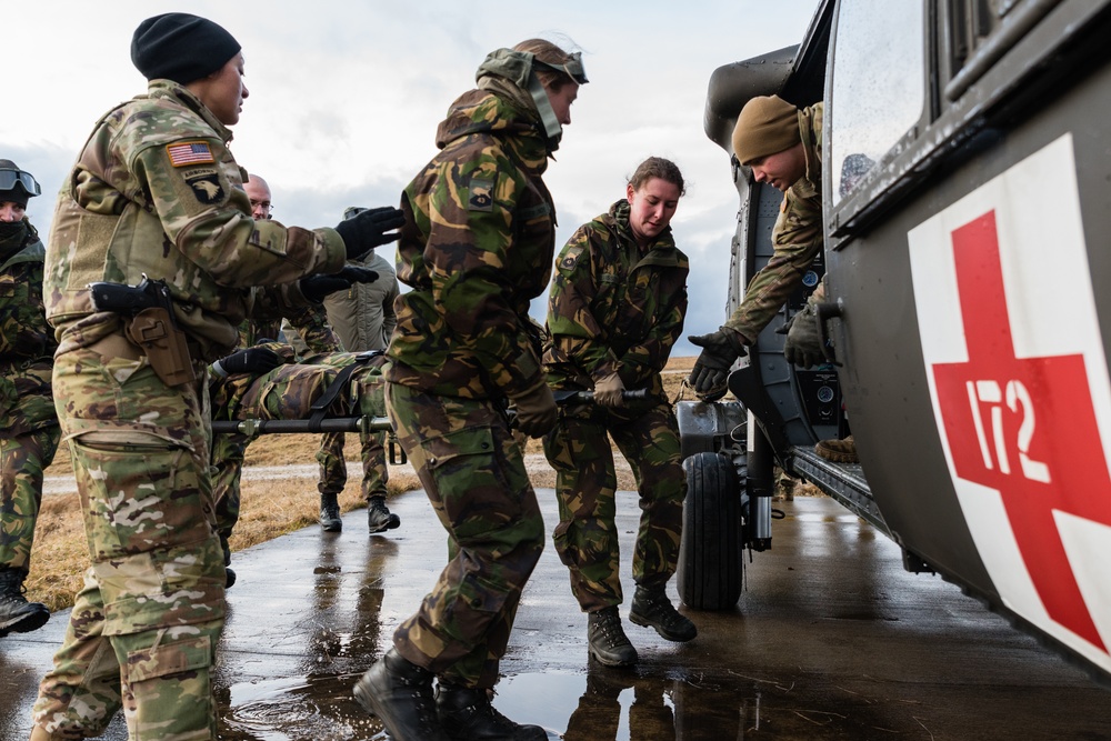 Dutch 43rd Medical Company gets aeromedical evacuation training from 2/3 Combat Aviation Brigade MEDEVAC crews