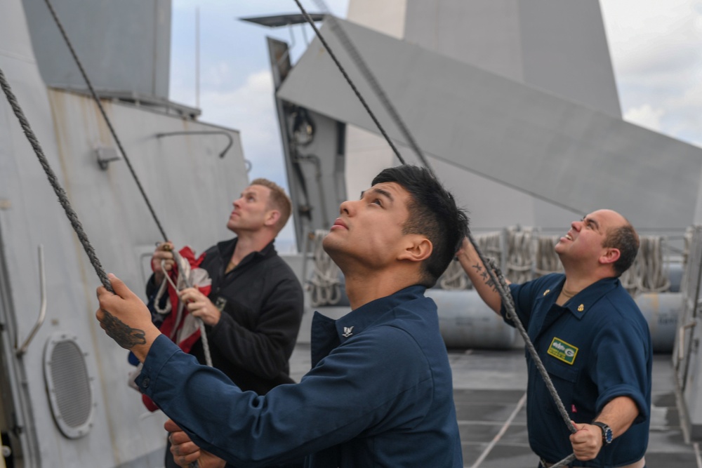USS Green Bay (LPD 20) sails with U.S Ships