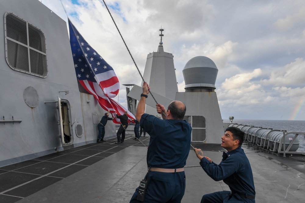 USS Green Bay (LPD 20) sails with U.S Ships