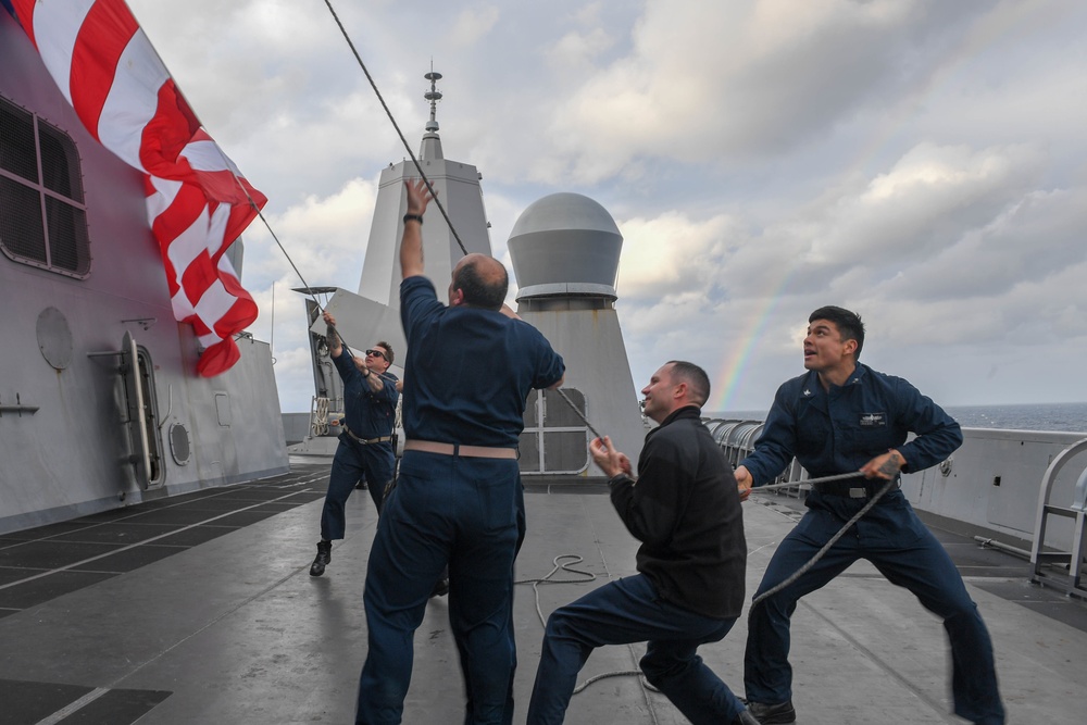 USS Green Bay (LPD 20) sails with U.S Ships