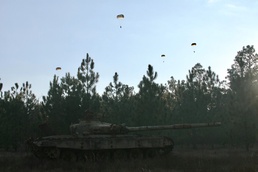 Paratroopers descending during a Rough Terrain Airborne Operation