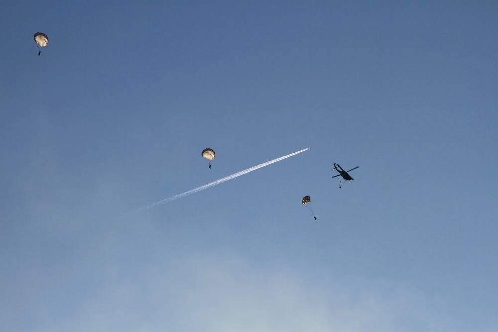 Sapper Paratroopers exit from UH-60 Blackhawk during Rough Terrain Airborne Operations