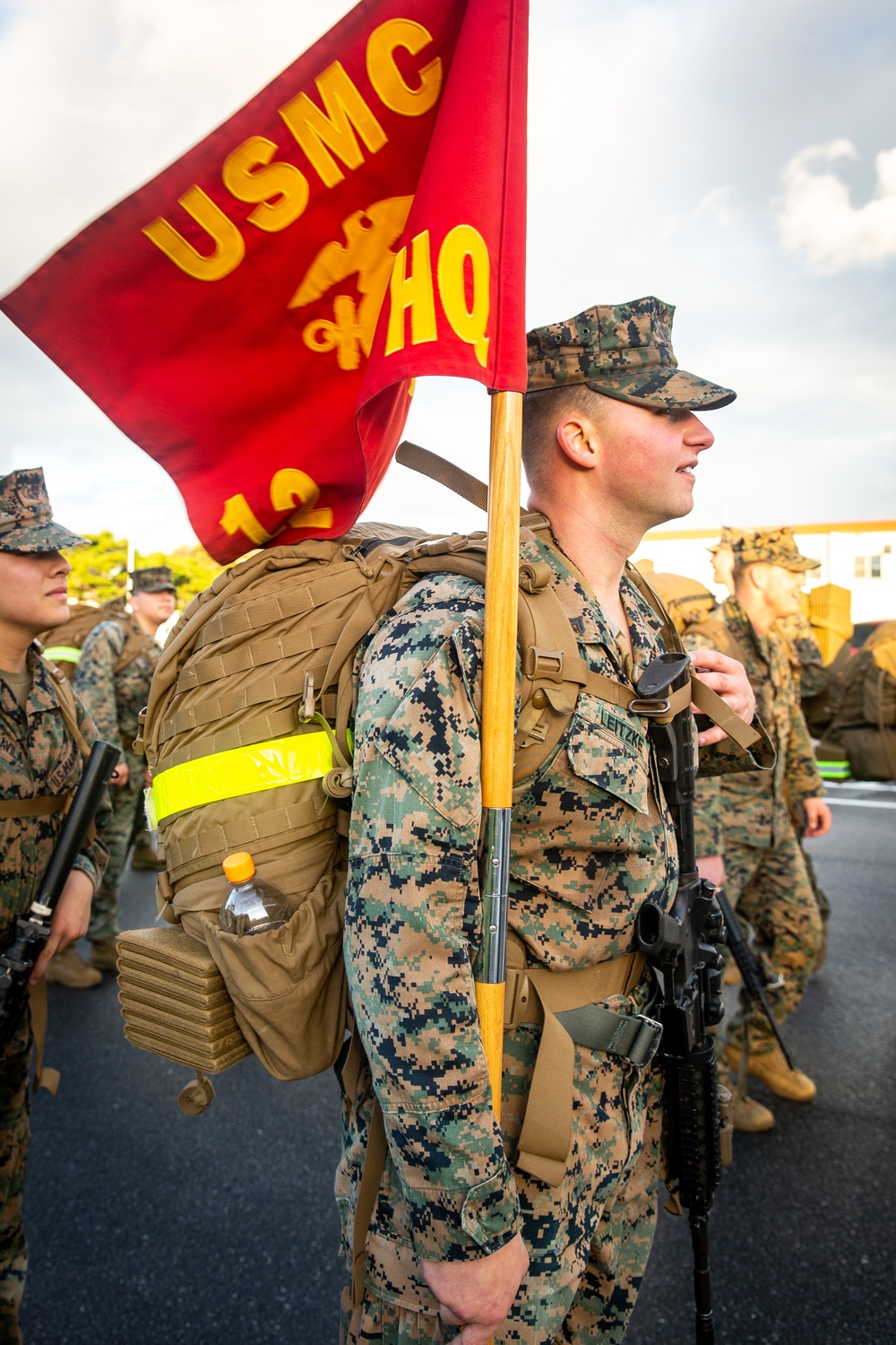 U.S. Marines with 12th Marine Regiment conduct a conditioning hike