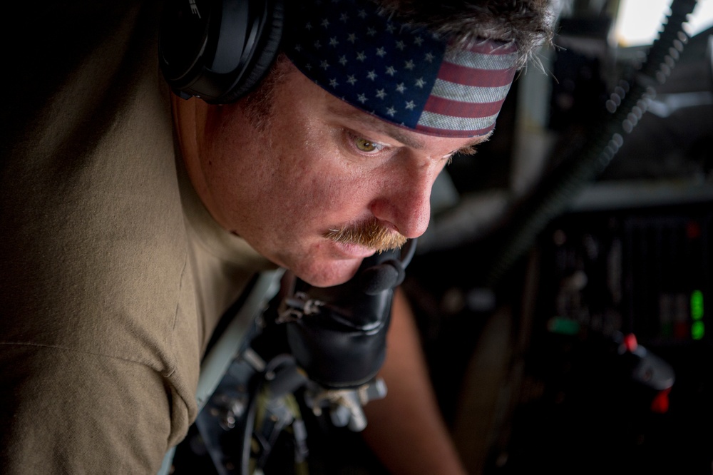 A U.S. Air Force KC-135 aircrew assigned to the 28th Expeditionary Air Refueling Squadron conducts aerial refueling