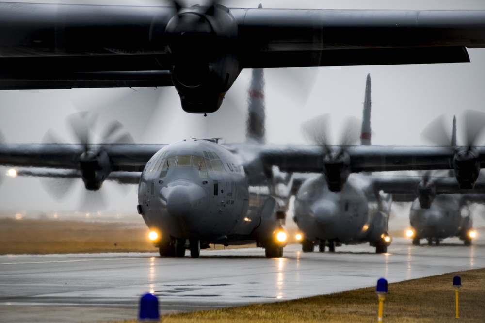RI Air National Guard Four-Ship C130J Takeoff