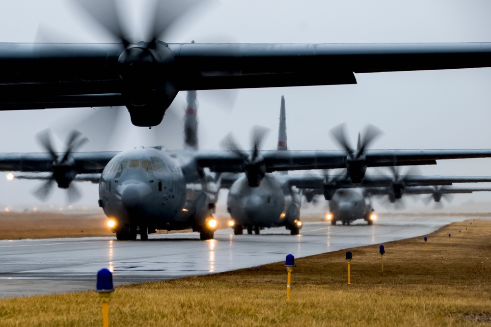 RI Air National Guard Four-Ship C130J Takeoff