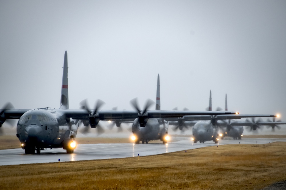 RI Air National Guard Four-Ship C130J Takeoff