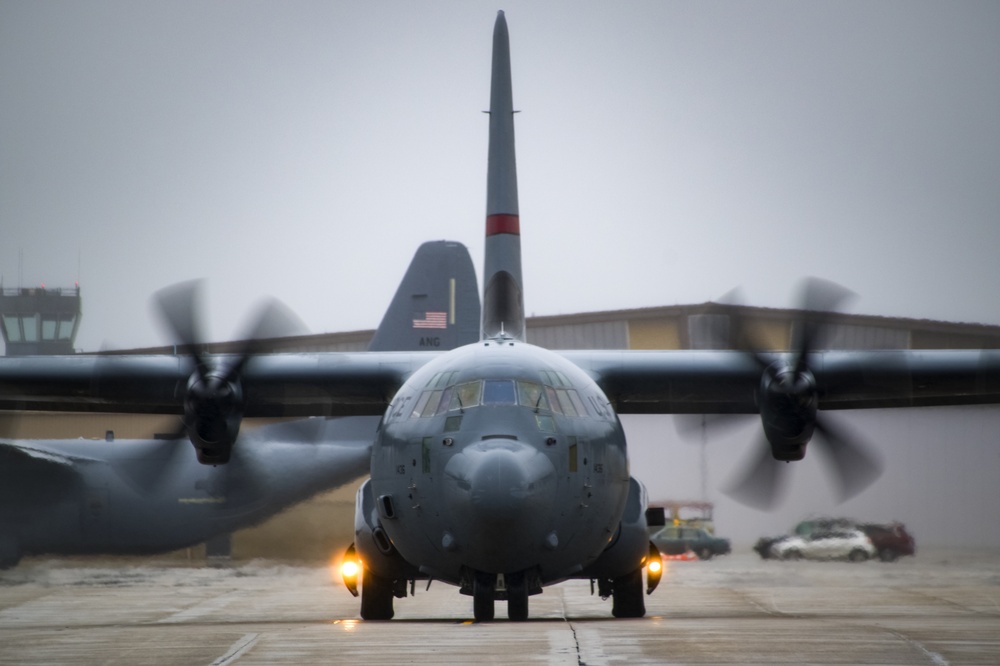 RI Air National Guard Four-Ship C130J Takeoff