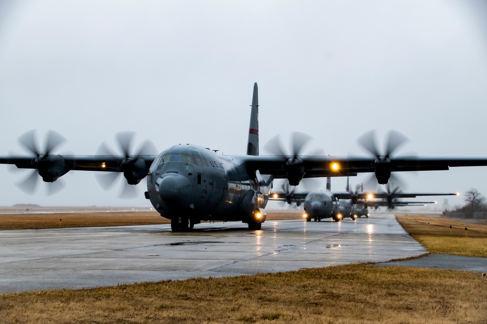 RI Air National Guard Four-Ship C130J Takeoff