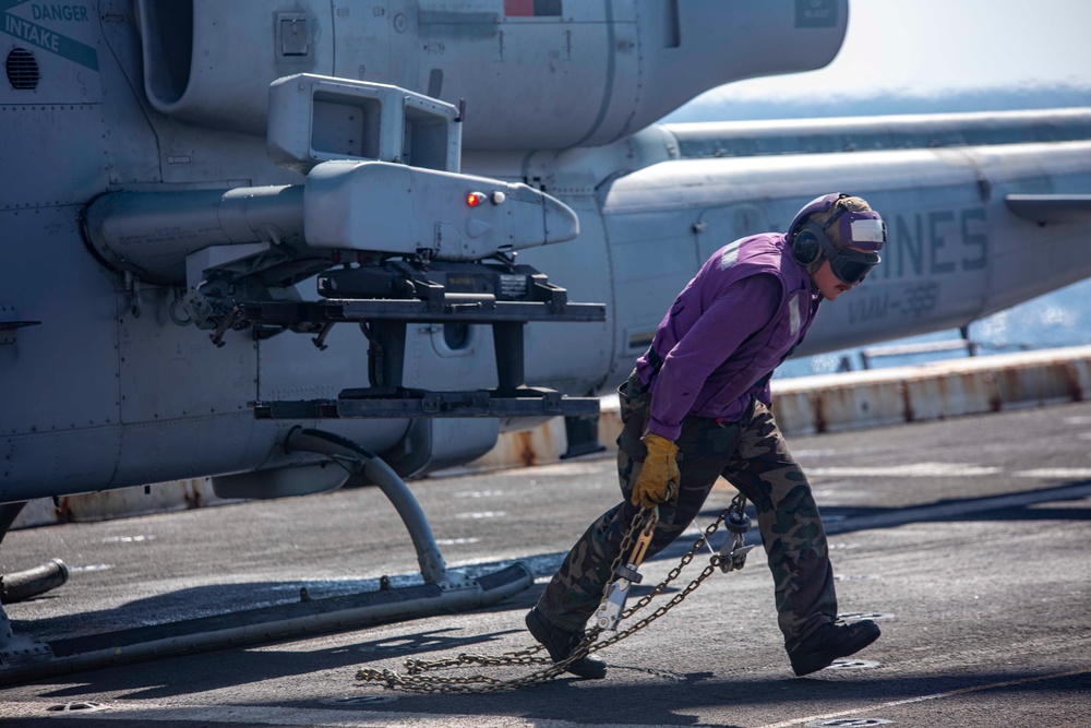 Sailors and Marines take part in flight deck operations