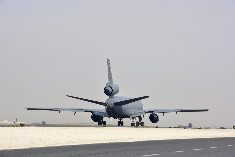 F-22 Raptors launch at Al Udeid Air Base