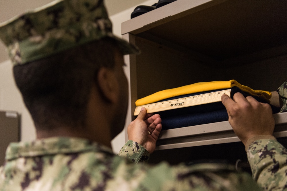 200206-N-TE695-0013 NEWPORT, R.I. (Feb. 6, 2020) -- Navy Officer Candidate School conducts a Room, Locker and Personnel inspection