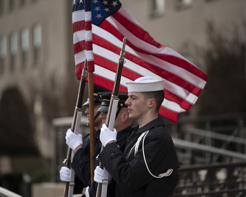 Joint Service Color Guard Service Members Participates During SecDef Bilat
