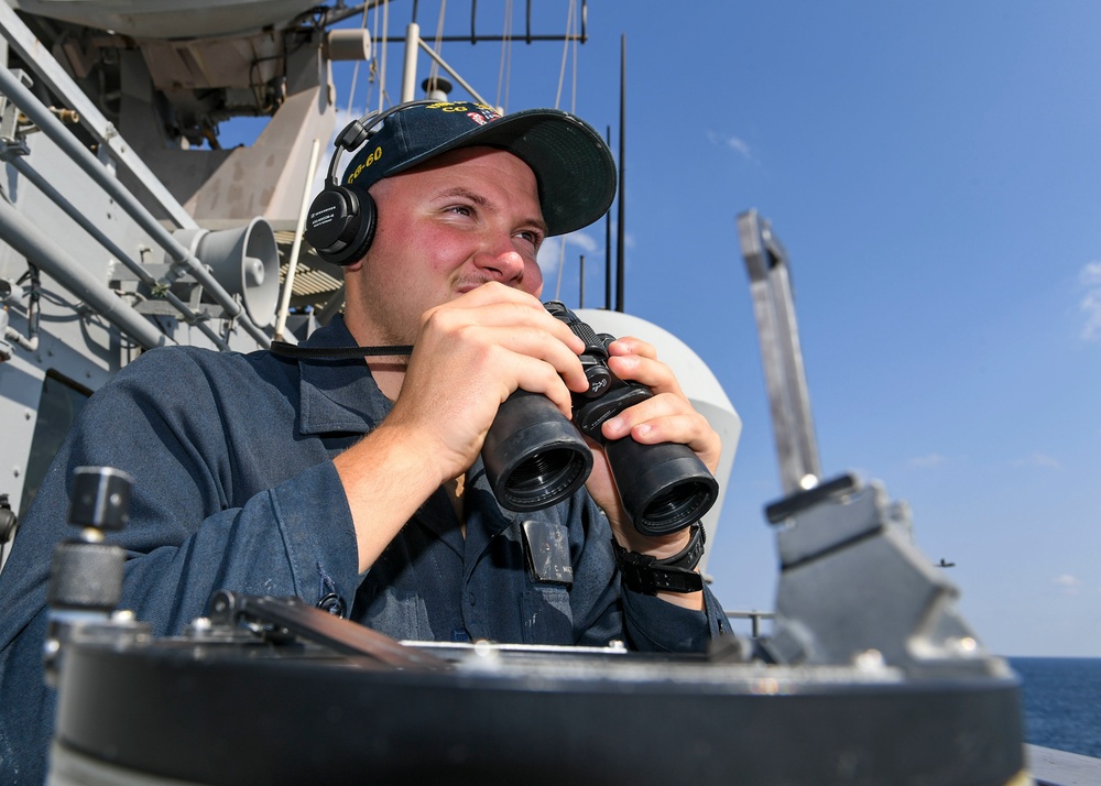 USS Normandy Sailor Stands Bridge Wing Lookout Watch