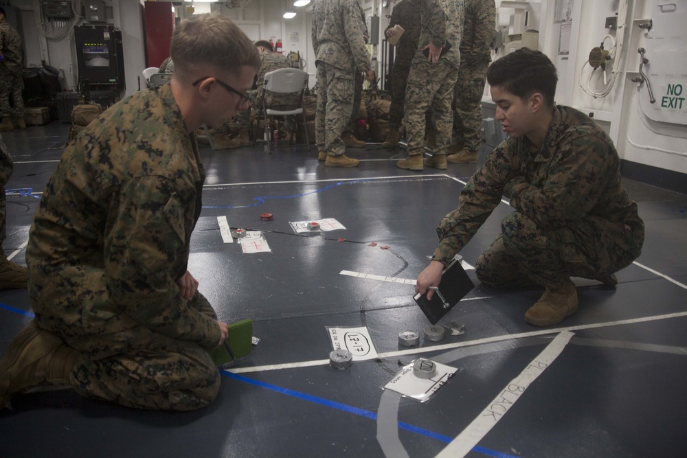 31st MEU Marines conduct a mission brief aboard USS America