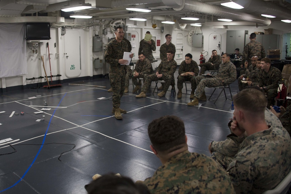 31st MEU Marines conduct a mission brief aboard USS America