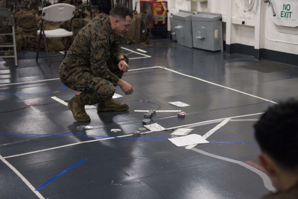 31st MEU Marines conduct a mission brief aboard USS America