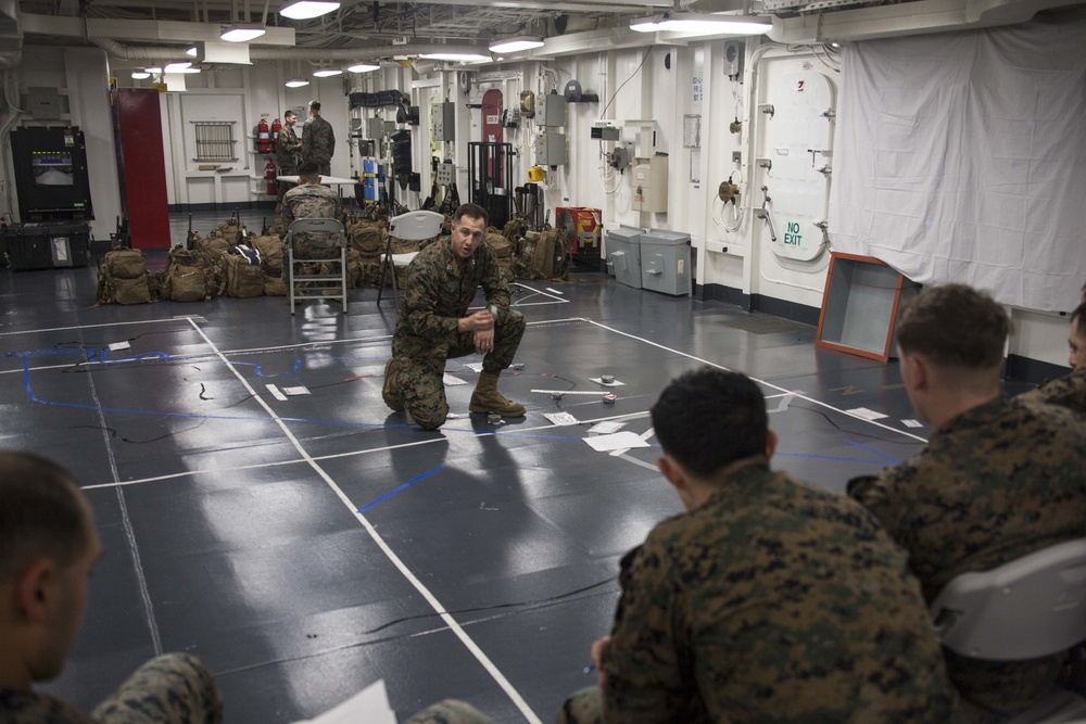 31st MEU Marines conduct a mission brief aboard USS America