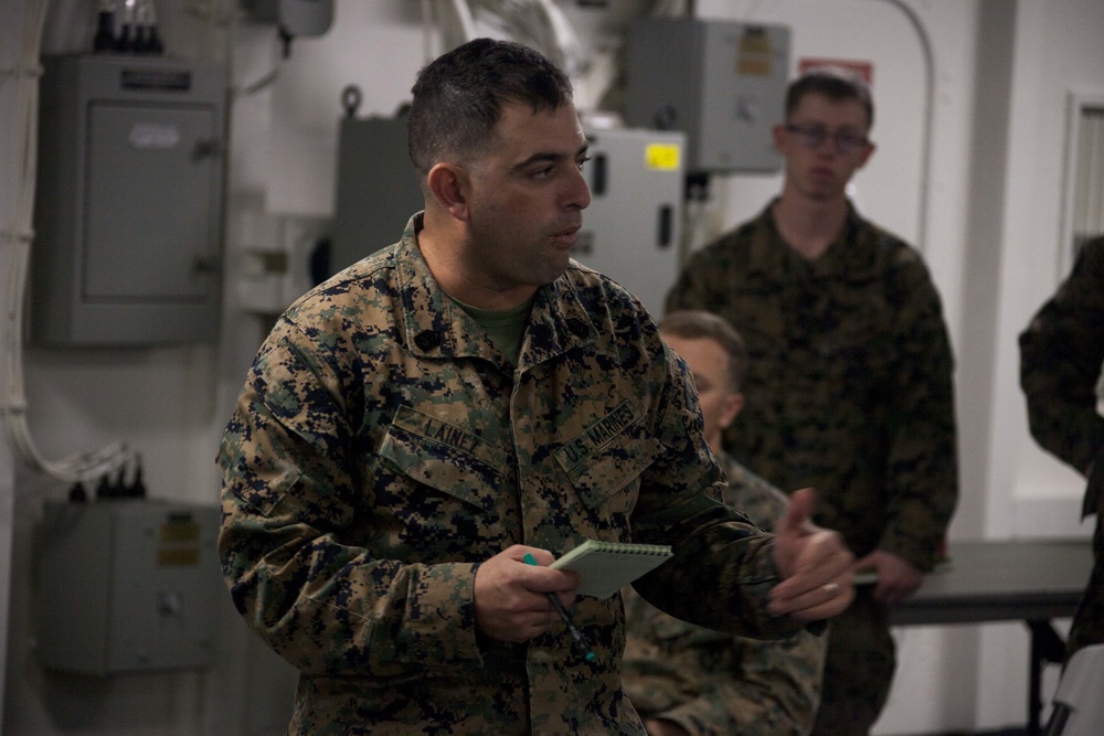 31st MEU Marines conduct a mission brief aboard USS America