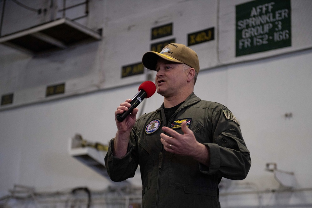 U.S. Navy commanding officer speaks at all-hands call