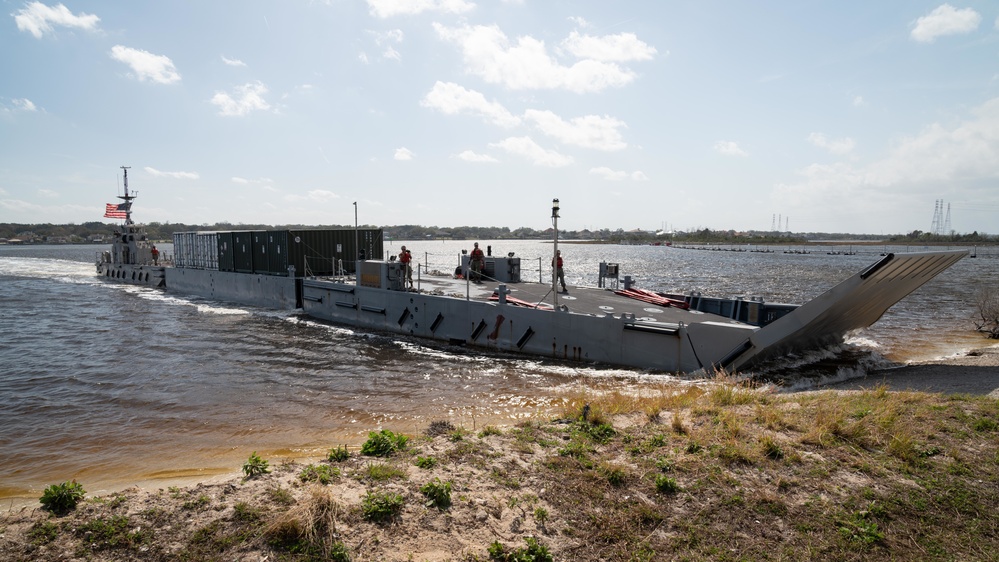 U.S. Marines and Sailors Offload Cargo From Lighterage During MPFEX 20