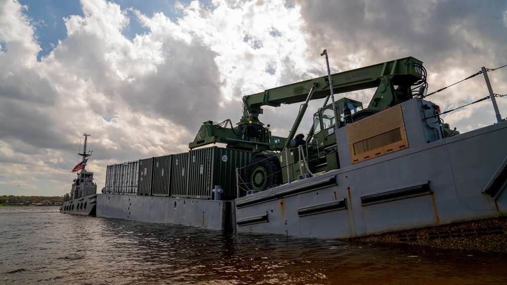 U.S. Marines and Sailors Offload Cargo From Lighterage During MPFEX 20