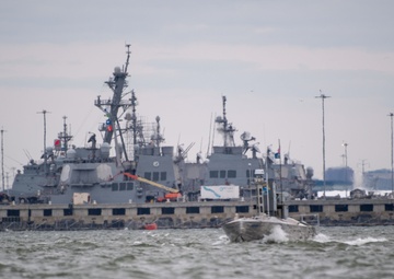 A developmental, early variant of the Common Unmanned Surface Vehicle (CUSV) autonomously conducts maneuvers