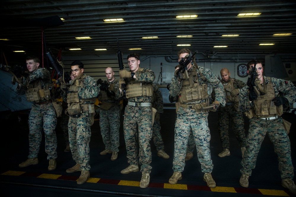 BLT 1/5, 31st MEU Marines conduct weapons handling rehearsal aboard USS America (LHA 6)