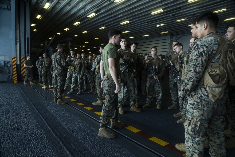 BLT 1/5, 31st MEU Marines conduct weapons handling rehearsal aboard USS America (LHA 6)