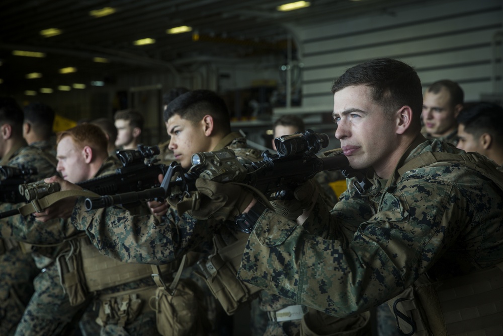 BLT 1/5, 31st MEU Marines conduct weapons handling rehearsal aboard USS America (LHA 6)