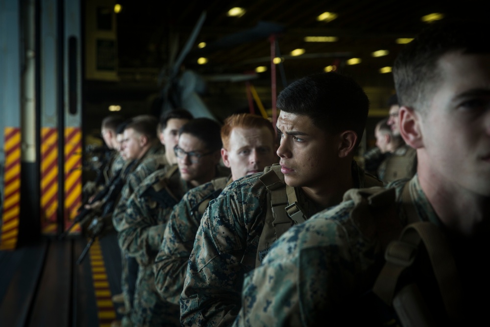 BLT 1/5, 31st MEU Marines conduct weapons handling rehearsal aboard USS America (LHA 6)