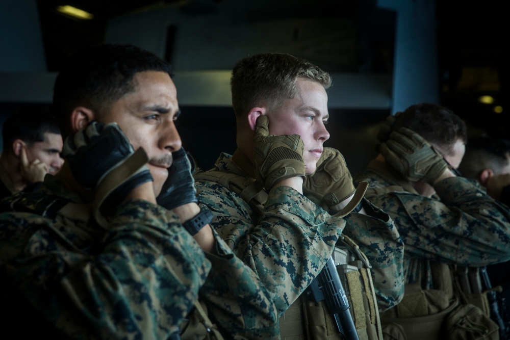 BLT 1/5, 31st MEU Marines conduct weapons handling rehearsal aboard USS America (LHA 6)