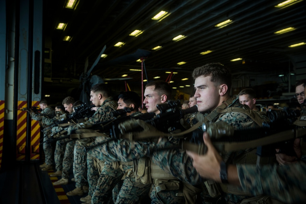 BLT 1/5, 31st MEU Marines conduct weapons handling rehearsal aboard USS America (LHA 6)