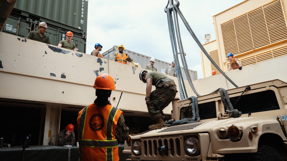 U.S. Marines and Sailors Offload Tactical Vehicles During MPFEX 20